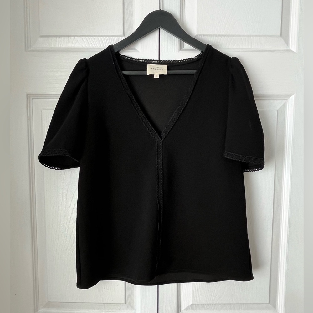 Sézane - “Valencia” T Shirt V-Neck Blouse w/ Braided Details in Black